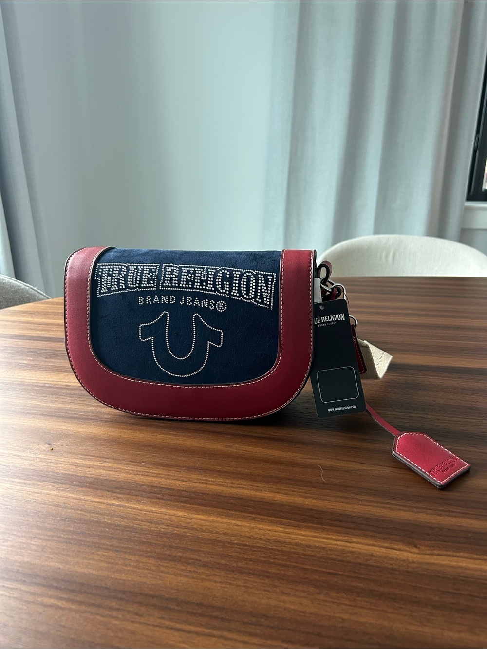 True Religion Navy and Burgundy Crossbody with Studded Logo